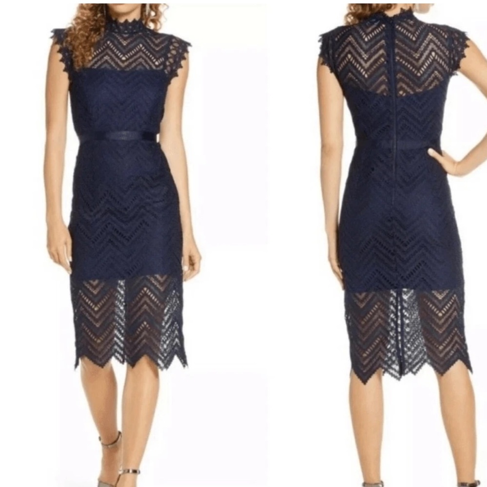 Bardot Lace Sheath Cocktail Midi Dress In Navy- Size 4